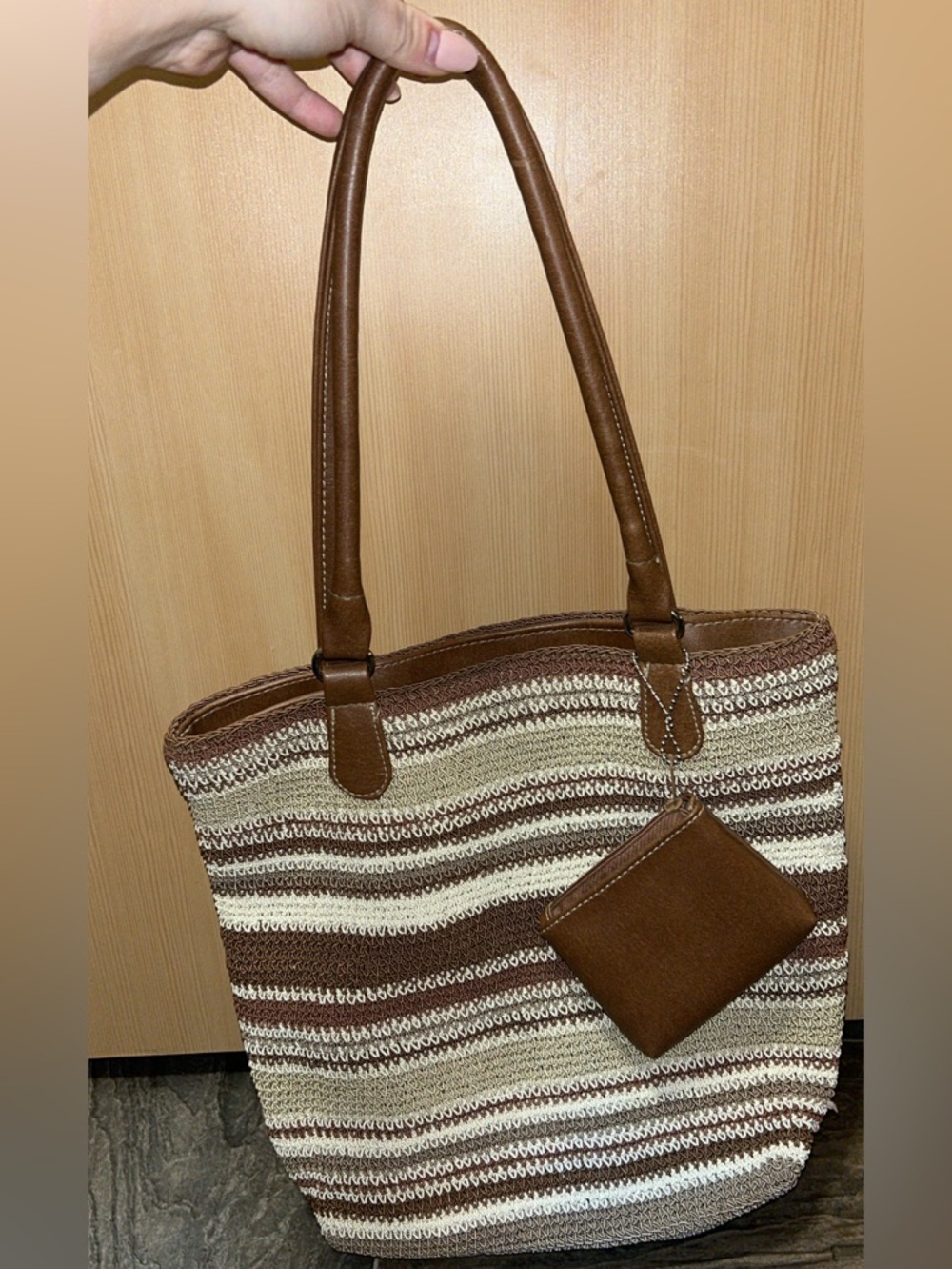 Brown & Cream Striped Tote with Matching Coin Pouch